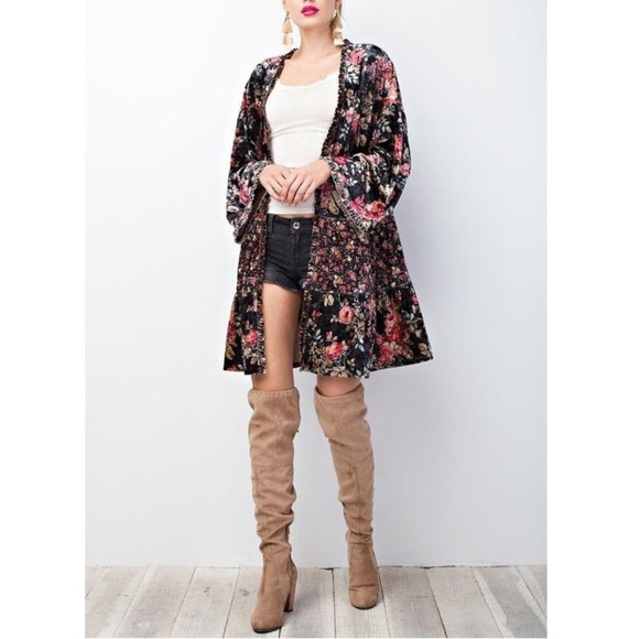 Boho Gypsy Black Floral Kimono Cardigan Tunic - Picture 2 of 8